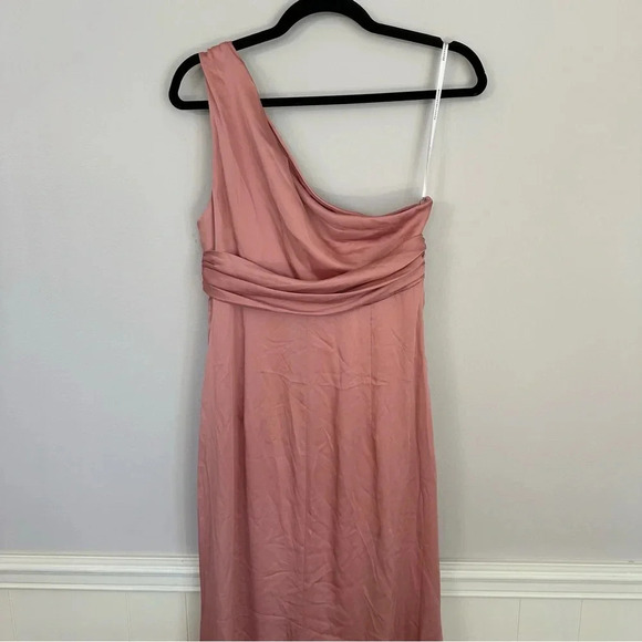 Dessy Collection Women’s One-Shoulder Blush Gathered Bodice Satin Gown GUC - Picture 9 of 10